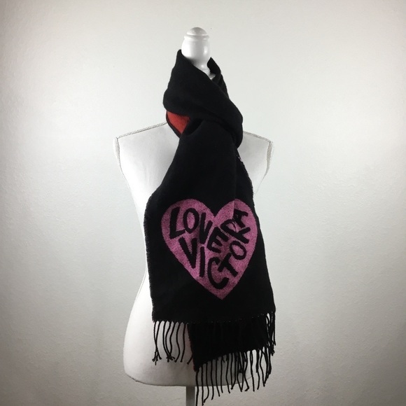 VICTORIA’S Secret Love Victoria Fringed Red Pink Black Color Block Scarf - Picture 3 of 10
